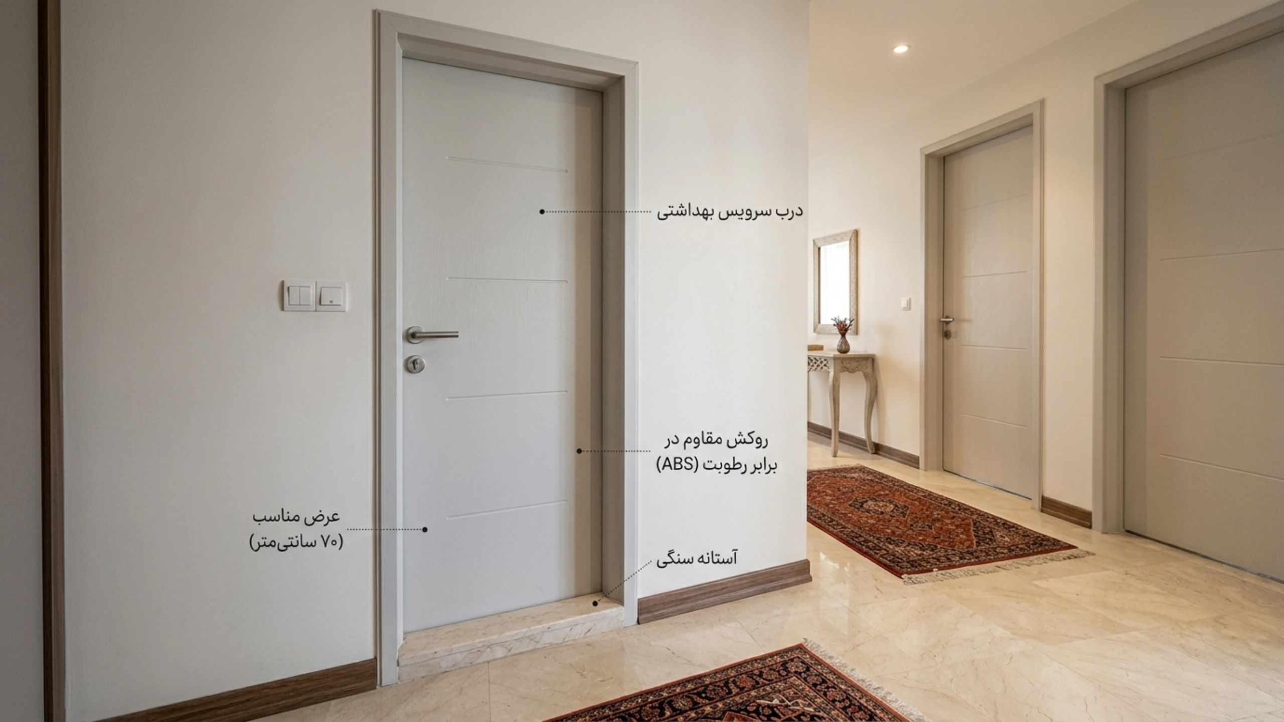 درب سرویس بهداشتی با ابعاد مناسب در دکوراسیون داخلی