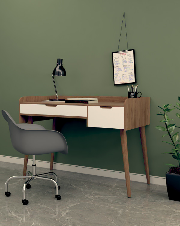 میز تحریر سفید قهوه ای با پایه های چوب روس مدل D.003