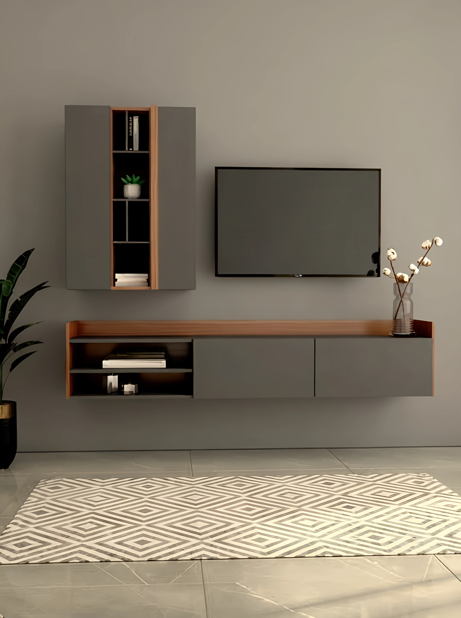 باکس دیواری تلویزیون طوسی قهوه ای تمام ام دی اف مینیمال مدل T.W002