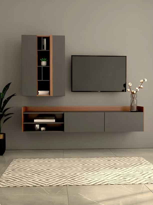 باکس دیواری تلویزیون طوسی قهوه ای تمام ام دی اف مینیمال مدل T.W002
