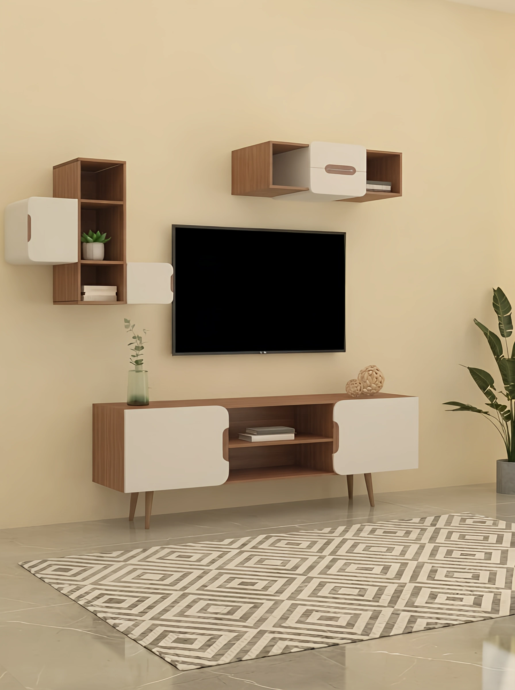 باکس دیواری تلویزیون سفید قهوه ای با دو باکس مدل T.W001
