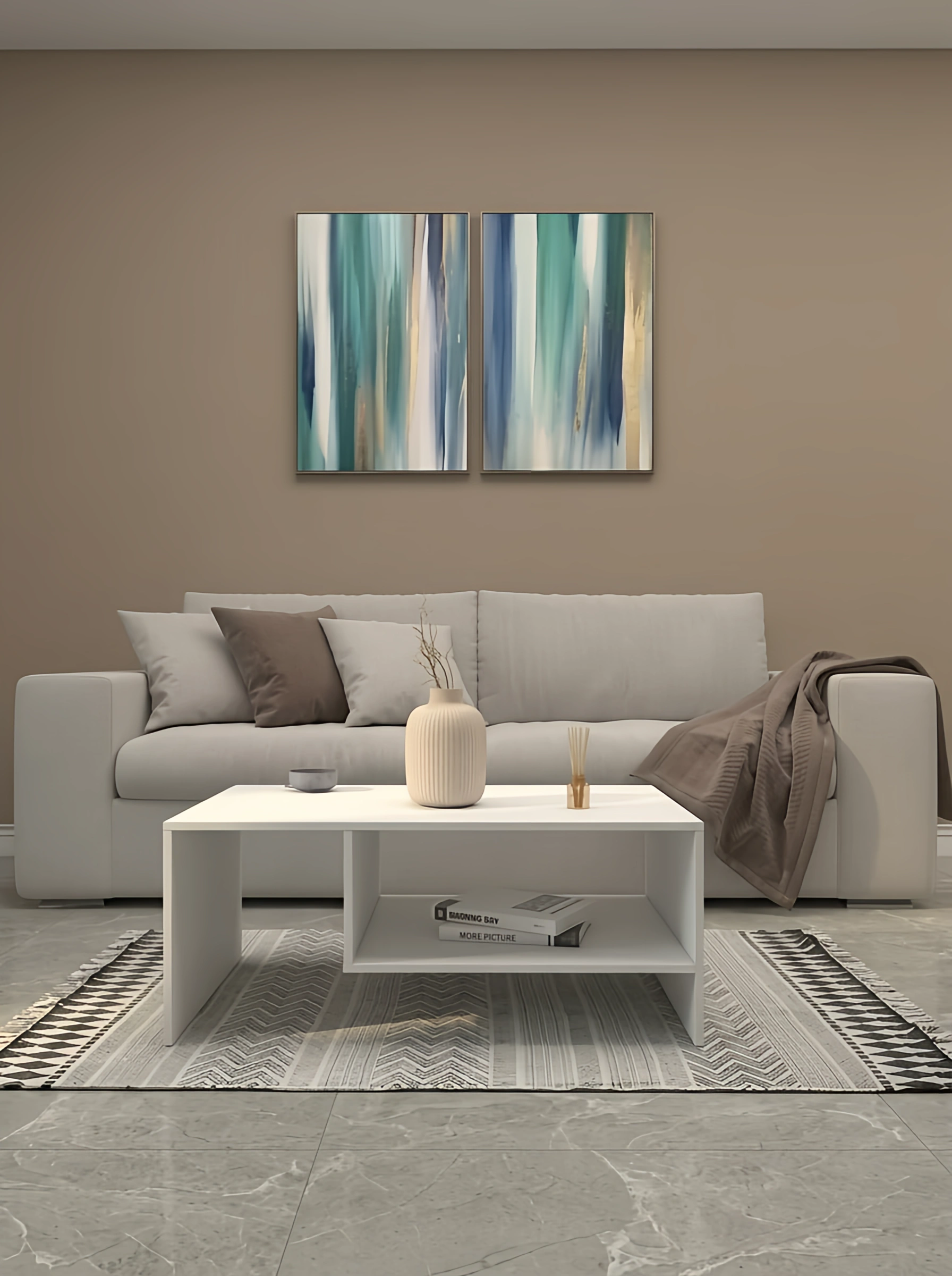 میز جلو مبلی سفید مینیمال روکش برجسته مدل C.T016